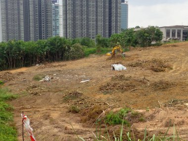 CYBERJAYA, MALAYSIA - HAZİRAN 6, 2020: Yeni gelişmeler için toprak çalışmaları. Ağır makineler gerekli seviyeyi elde etmek için orman temizliği ve toprak çalışmalarını gerçekleştiriyor.