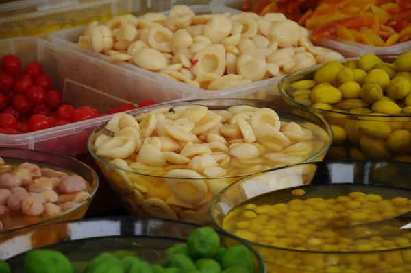 Vruchten Die Zijn Gekapt Gepekeld Fruit Verkopen Openlijk Markt Het — Stockfoto