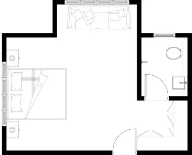 Tek kişilik yatak odasının 2D çizimi, doğal havalandırma için 1 banyo ve pencereyle tamamlandı. Yatak odası çeşitli yatak odası mobilyalarıyla döşenmiştir. Siyah beyaz çiziyor. 