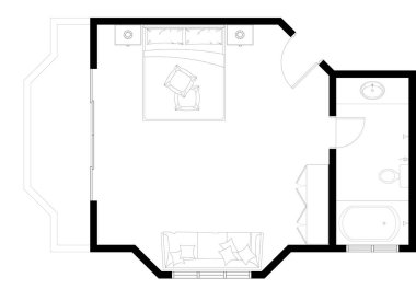 Tek kişilik yatak odasının 2D çizimi, doğal havalandırma için 1 banyo ve pencereyle tamamlandı. Yatak odası çeşitli yatak odası mobilyalarıyla döşenmiştir. Siyah beyaz çiziyor. 