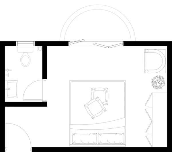 Cad Малюнок Однокімнатної Спальні Комплекті Ванною Кімнатою Вікном Природної Вентиляції — стокове фото