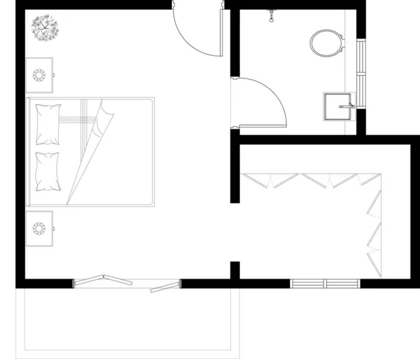 2D CAD drawing of single bedroom layout complete with 1 bathroom and window for natural ventilation. The bedroom is furnished with a variety of bedroom furniture. Drawing in black and white.