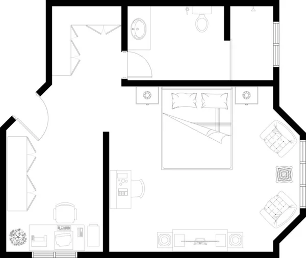 2D CAD drawing of single bedroom layout complete with 1 bathroom and window for natural ventilation. The bedroom is furnished with a variety of bedroom furniture. Drawing in black and white.