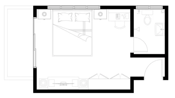 Desenho Cad Layout Quarto Solteiro Completo Com Banheiro Janela Para — Fotografia de Stock