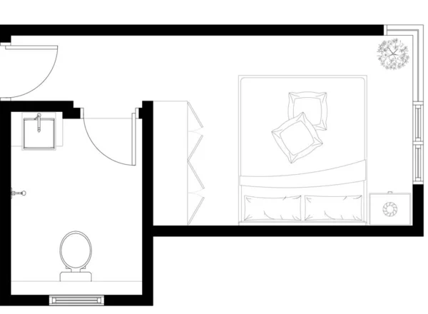 2D CAD drawing of single bedroom layout complete with 1 bathroom and window for natural ventilation. The bedroom is furnished with a variety of bedroom furniture. Drawing in black and white.