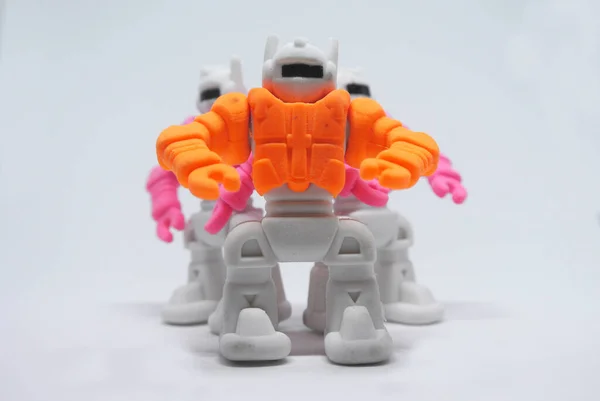 Orange Pink Blue Small Toy Robot Made Eraser Rubber Isolate — Stock Photo, Image