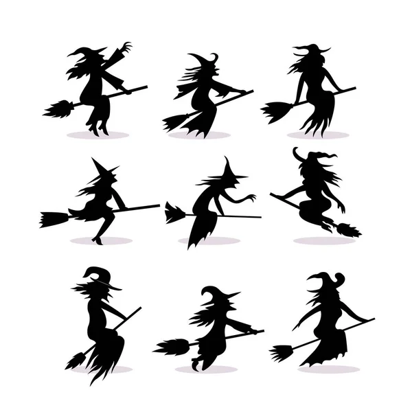 Witch Silhouetten Set Geïsoleerd Witte Achtergrond — Stockvector