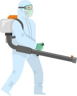 Koruyucu giysinin içindeki dezenfektan, dezenfektan ekipmanlı bir maske, bir dezenfektan püskürtür. Virüslere, parazitlere, böceklere karşı savaş. Dezenfekte. Düz bilgi grafikleri. Vektör illüstrasyonu