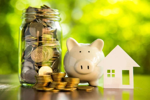 Para biriktirme, Piggy Bank ve parktaki yığınla para, gelecekteki yatırım konsepti için biriktirilen para..