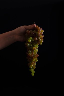 Karanlık bir arka planda bir demet üzüm tutan eller.