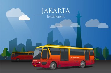 Vektör çizimler, Trans jakarta otobüs Jakarta Şehir, bina ve ulusal anıt arka plan ile toplu taşımacılığında biridir.