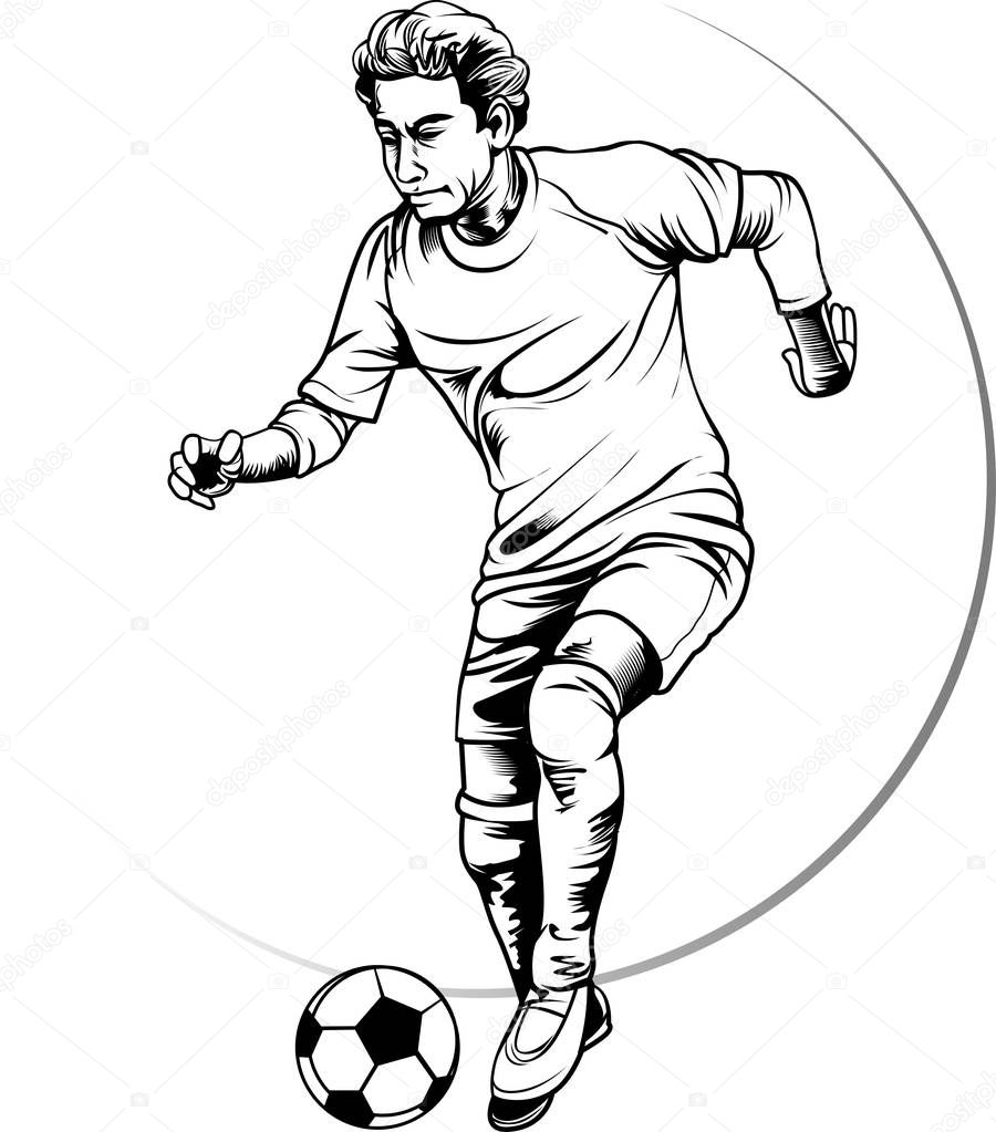 Vector illustration, sketch football or soccer player in action.