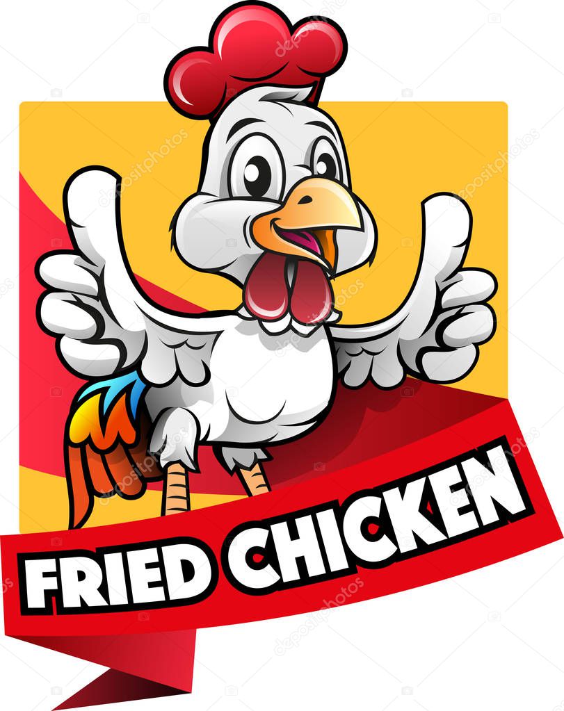 Happy rooster mascot, cute a chicken showing two thumbs up for fried chicken restaurant.