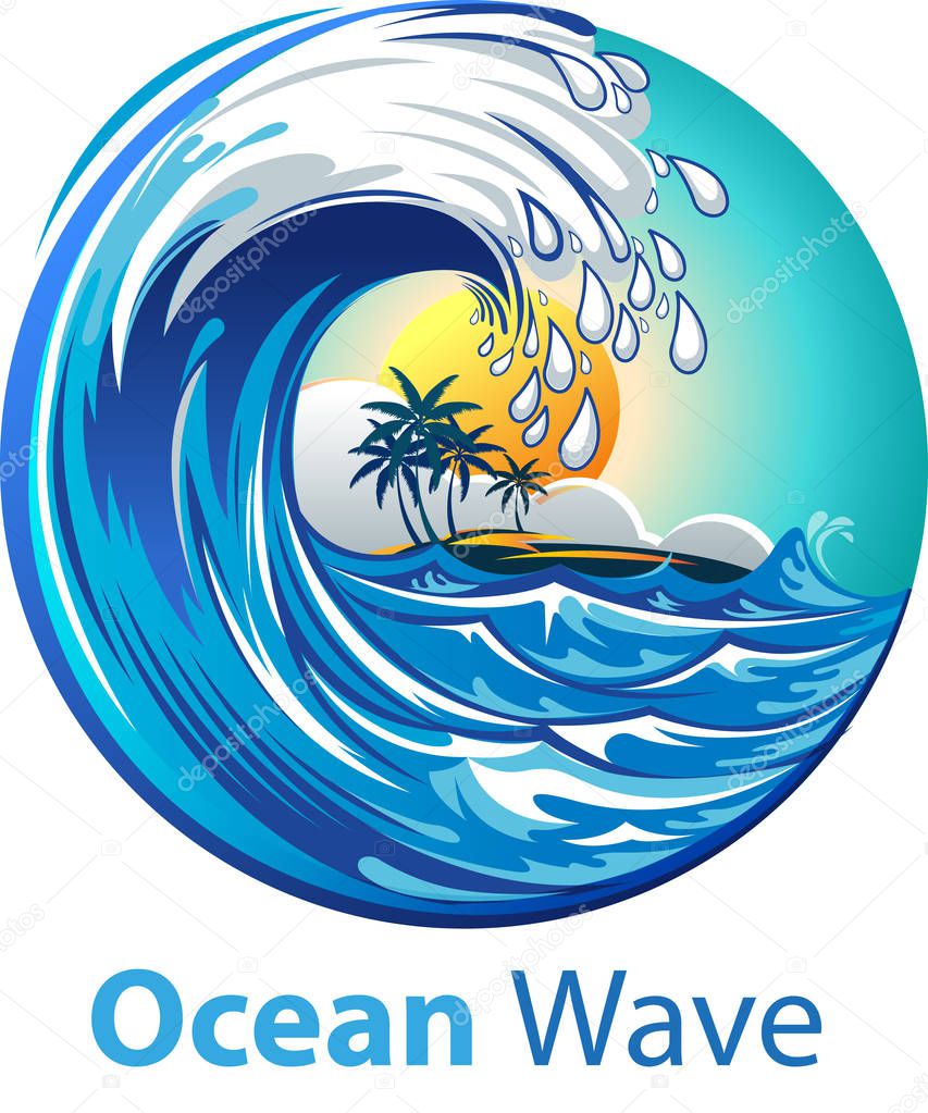 Vector illustration of ocean waves, sunrise background, with the silhouette of the island and some coconut trees.