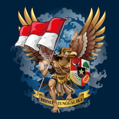 Vektör illüstrasyonu, altta kalkan, bayrak ve kurdele olan değiştirilmiş garuda pancasila kuklası..