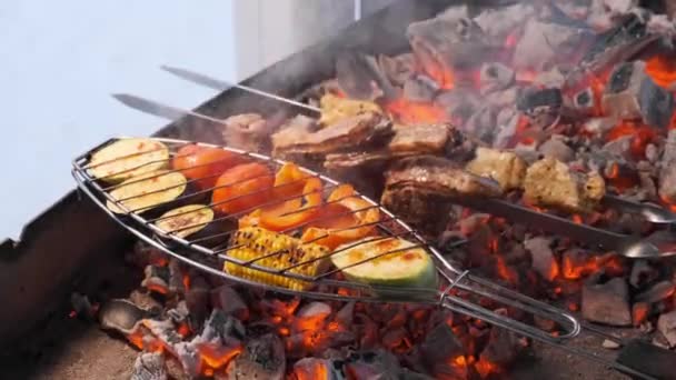 Surtido de deliciosa carne a la parrilla con verduras sobre las brasas en una barbacoa — Vídeos de Stock