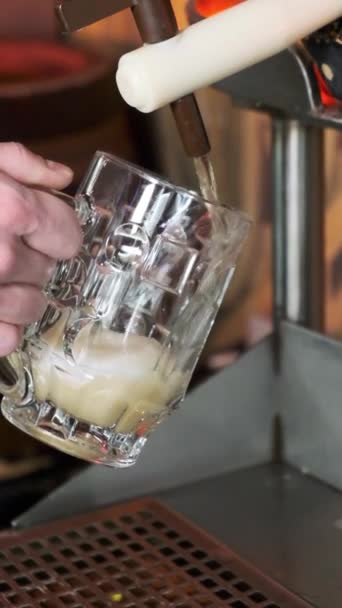 Ρίχνει μπύρα από βαρέλι μέσω του διανομέα απευθείας στο η κούπα. Κάθετη βίντεο — Αρχείο Βίντεο
