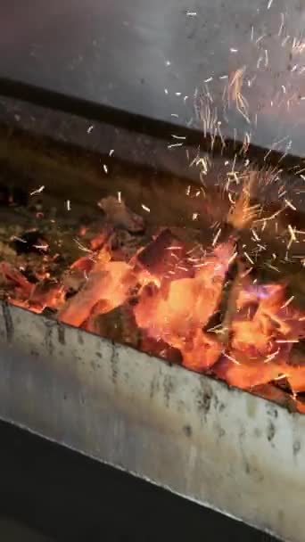 Poker interfere with the coals in the grill for barbecue vertical video — Stock Video