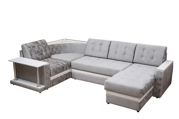Nowoczesna wielofunkcyjna klasyczna szara sofa z podstawką i poduszkami, białym tłem. Meble, wnętrze, stylowa sofa — Zdjęcie stockowe