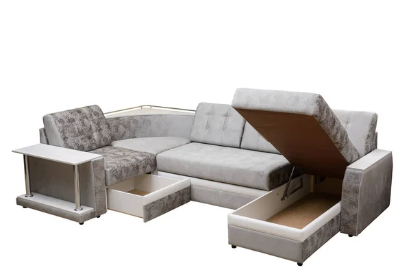 Modernes multifunktionales, klassisch graues Sofa mit Ständer und Kissen, isolierter weißer Hintergrund. Möbel, Interieur, stilvolles Sofa Stockfoto