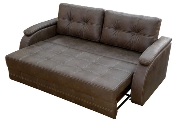 白い背景に隔離された茶色の革のソファ — ストック写真