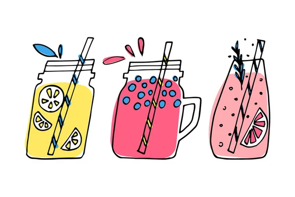 Ilustrace Ovocných Drinků Sada Džusů Limonádových Sklenic Stylu Čmáranice Čerstvé — Stockový vektor