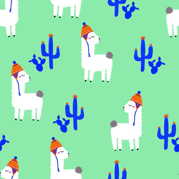 Patrón Sin Costura Lama Cactus Lindos Animales Planos Dibujados Mano — Vector de stock