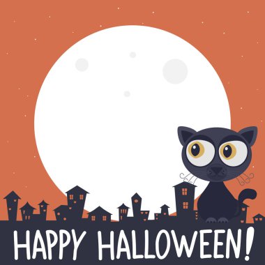 Kara kedi cadılar bayramı ayına bakıyor. Cadılar bayramı koleksiyonundan kara kedi çizgi film karakteri çizimi..