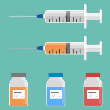 Aşı şişeleri ile tıbbi şırınga. Salgın hastalıklar koleksiyonundan şırınga ve aşı şişesi örnekleri..