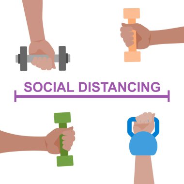 Jimnastik konseptindeki sosyal mesafeyle antreman. El koleksiyonundan vektör fitness konsepti çizimi..