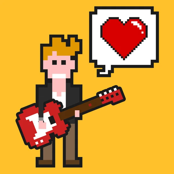 Gitarist aşk şarkısı söylüyor. Piksel müzisyenleri koleksiyonundan Vector gitarist illüstrasyonu..