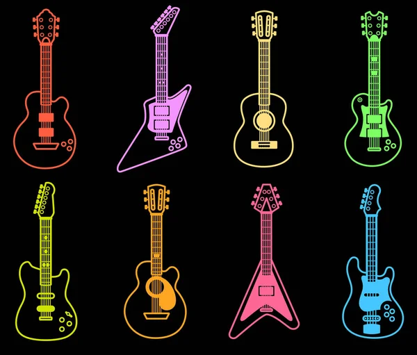 Colección Iconos Guitarra Arte Línea Con Estilo Neón Ilustración Vectorial — Vector de stock