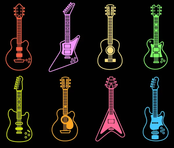 Satır sanat gitar simgeleri koleksiyonu neon biçimli. Gitar simgelerinin neon renkli vektör illüstrasyonu.