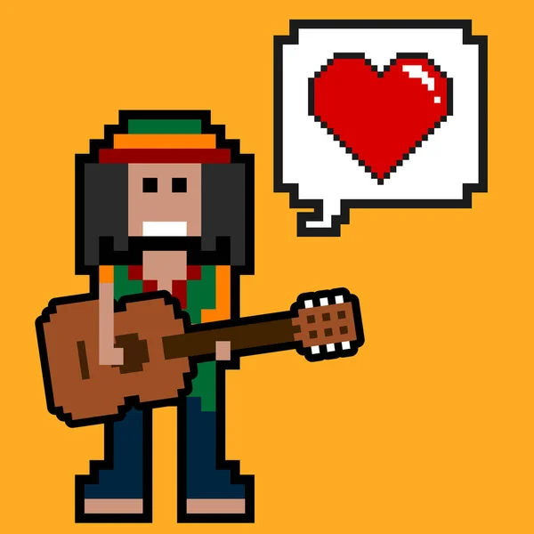 Rastafarian gitaristi aşk şarkısı söylüyor. Piksel müzisyenleri koleksiyonundan Vector gitarist illüstrasyonu..