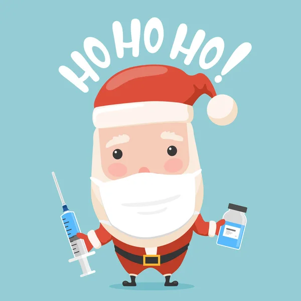 Virüs aşılı Noel Baba çizgi filmi. Virüs aşısı şişesi ve şırıngayla Noel Baba 'nın vektör çizimi..