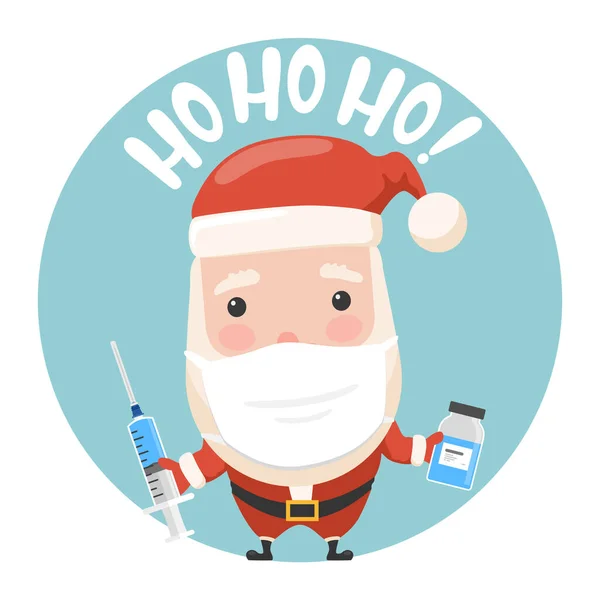 Şırınga enjektörü ve aşı şişesi olan Noel Baba karikatürü. Yeni yıl koleksiyonundan çizgi film Noel Baba 'nın vektör çizimi..