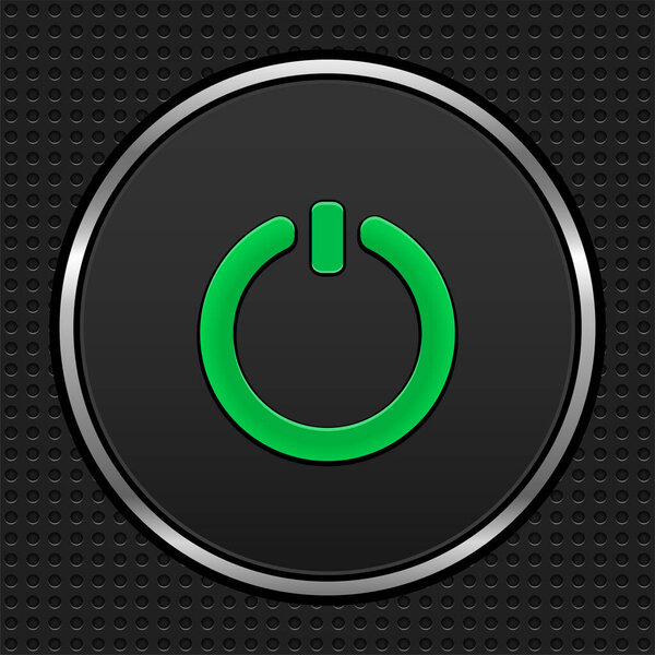 Vector metallic power button with green light.Dark power button with metallic concept illustration.