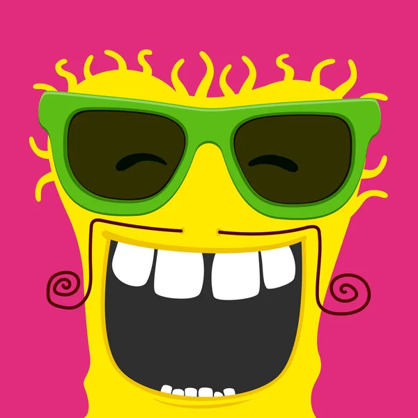 Funky Monstruo Personaje Sonriendo Con Gafas Sol Vector Monstruo Feliz — Vector de stock