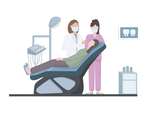 牙医对病人进行治疗和检查 在牙医的办公室 在一个特殊的医疗椅和器械上 医院的医务人员 医生和病人牙科诊所的宣传标语 — 图库矢量图片