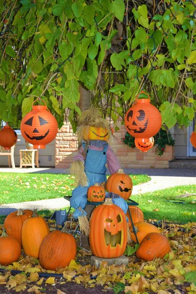 Halloween Díszített Madárijesztővel Faragott Sütőtökkel — Stock Fotó