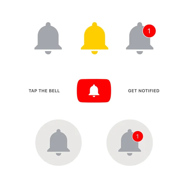 Youtube Get Notified Bell Icon Set. Vektorillustration auf weißem Hintergrund — Stockvektor