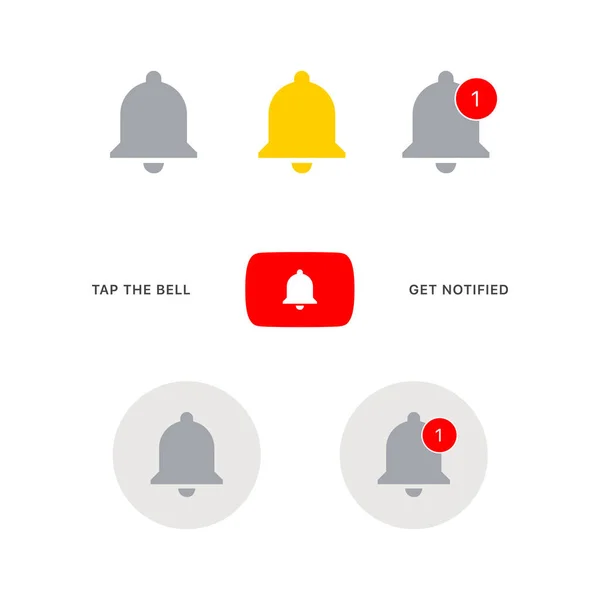 Youtube Obtén Notificado Bell Icon Set. Ilustración vectorial sobre fondo blanco — Archivo Imágenes Vectoriales