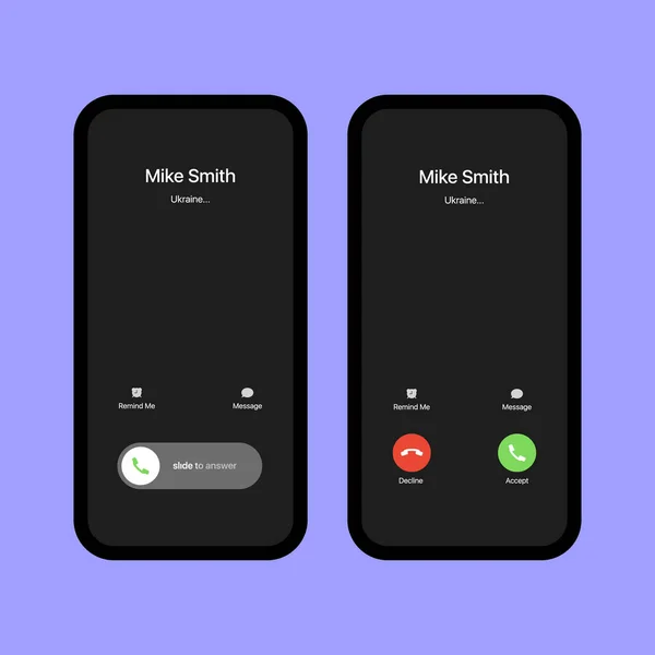 IPhone Call Screen Set. Interface. Deslize para responder. Aceita o botão, o botão de recusar. Chamada recebida. Modelo de tela de chamada para iPhone iOS. Smartphone, Mockup de vetor de tela de chamada de telefone em fundo violeta — Vetor de Stock