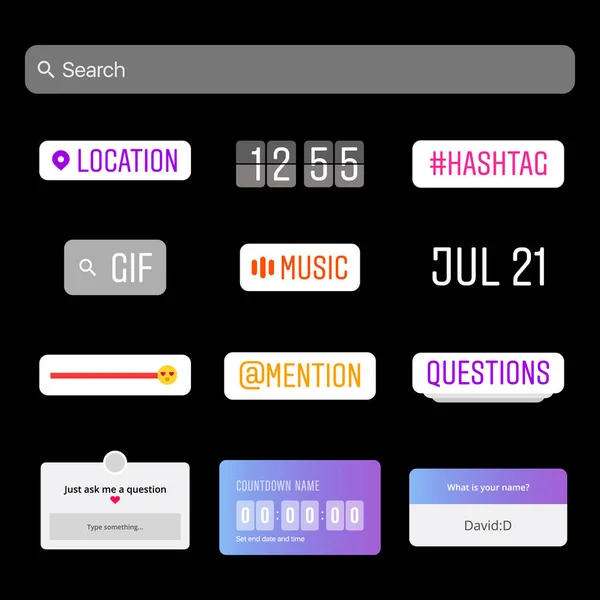 Instagram Stickers. Youtube. Social Media Interface Stickers. Sticker klaar. Sociale media. Hashtag, Emoji Slider, Countdown Timer, Locatie, Vraag, Tijd en datum Frames Vector illustratie. Kader — Stockvector