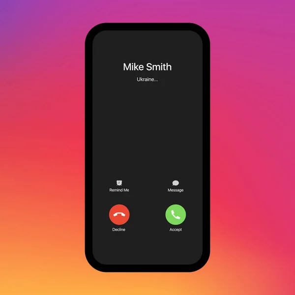 Écran d'appel iPhone. Interface. Bouton d'acceptation, Bouton de déclin. Appel entrant. Modèle d'écran d'appel iPhone iOS. Smartphone, Téléphone écran vecteur d'appel Mockup sur fond dégradé — Image vectorielle
