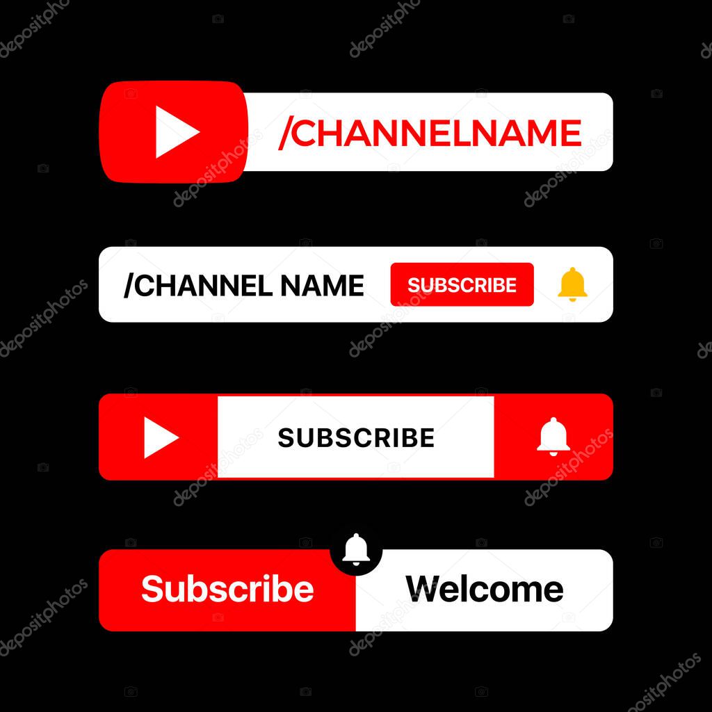 Youtube Button Set. Youtube Lower Third. Youtube Channel Name. Subscribe. Vector Illustration On Black Background
