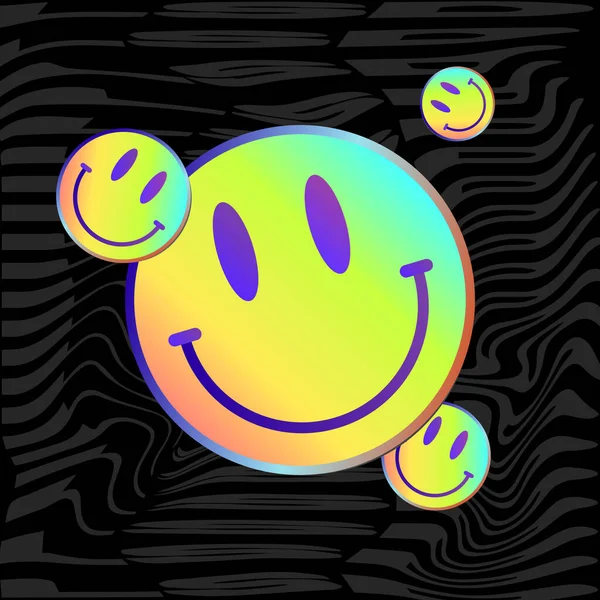 Lachen. Lsd Smiley Face. Acid Style Sticker. Gradient Smile Sticker. Stedelijke stijl. Vector Illustratie op zwarte achtergrond — Stockvector