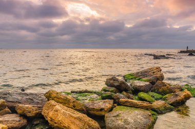 Taşlar ile deniz sahilde günbatımı