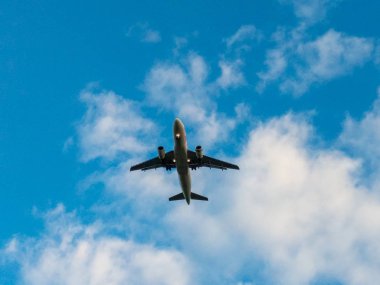 Mavi gökyüzünde Yükseklerden uçan uçak