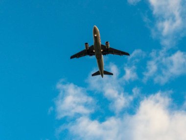 Mavi gökyüzünde Yükseklerden uçan uçak